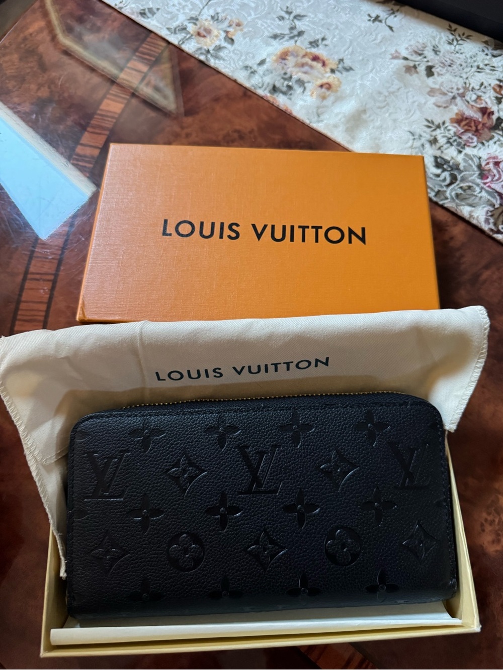 Louis Vuitton Black Grain Zip Wallet with Gold Stamp